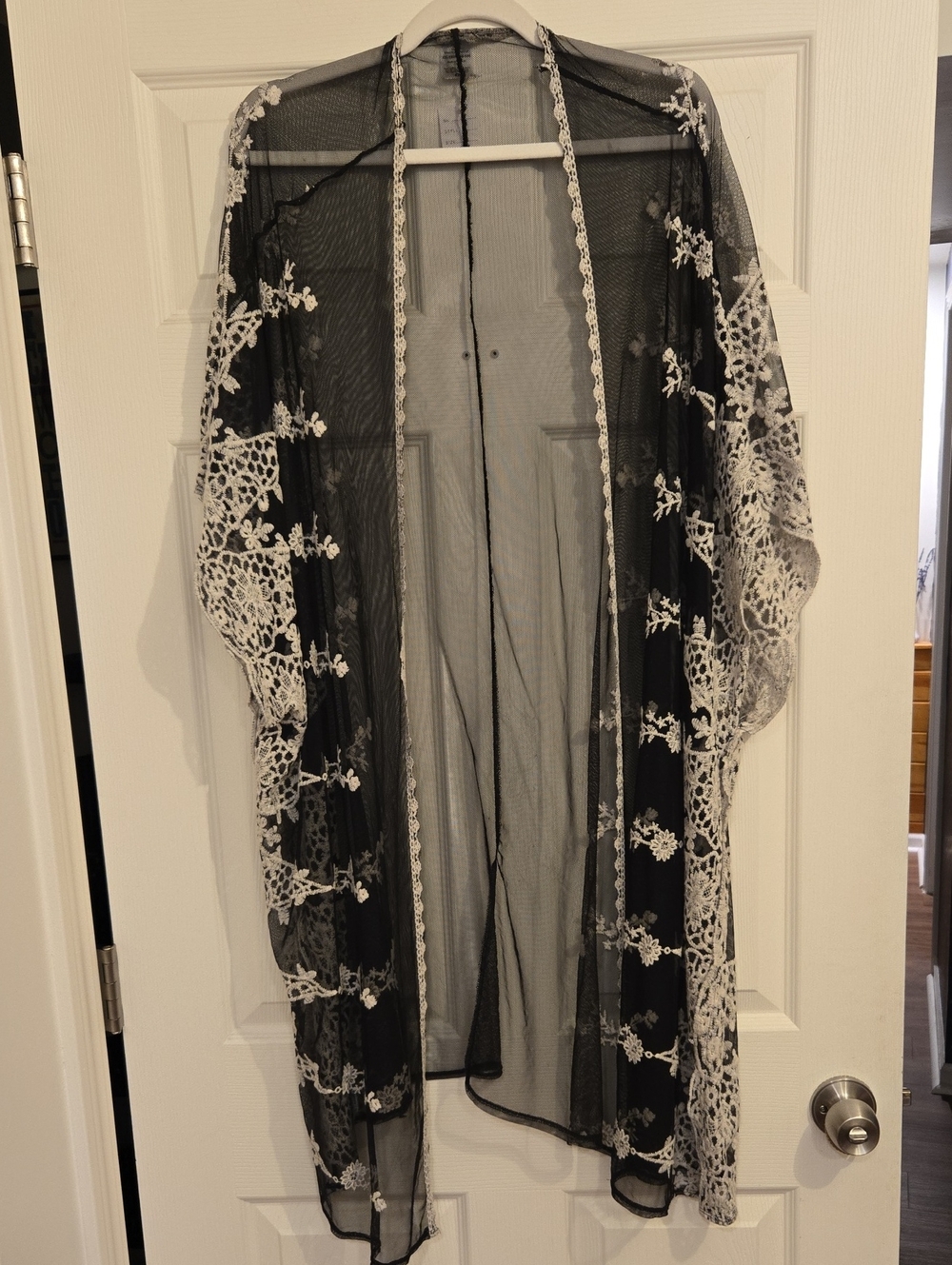 Black Sheer Kimono with White Embroidered Trim